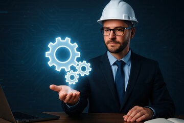 An engineer's focused gaze, embodying innovation and expertise, as a visual representation of machinery hovers above his hand, signifying progress and technical prowess. 
