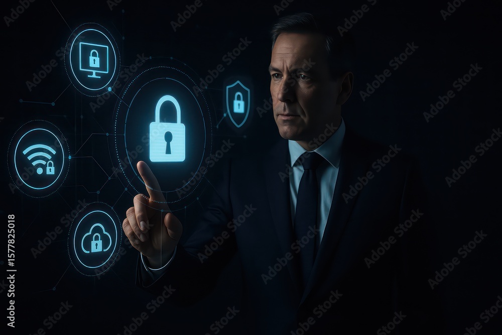 Poster a businessman in a suit interacts with a digital interface, highlighting the concept of data protect