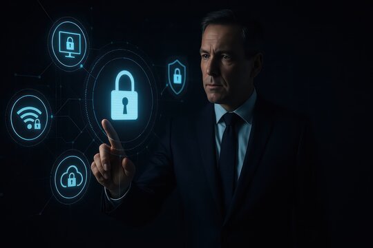 A businessman in a suit interacts with a digital interface, highlighting the concept of data protection. showcasing the importance of cybersecurity in today's business environment. - Powered by Adobe