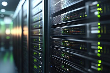 Close-up of modern data center server racks with blinking indicator lights and network hardware in a high-security facility with cool lighting and reflective surfaces