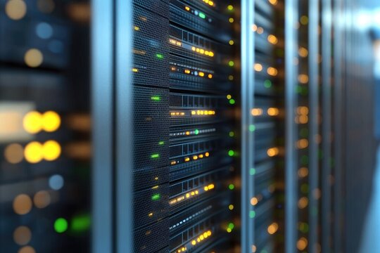 High-tech data center server racks with green and amber LED indicators, mesh panel ventilation, and modern network hardware in a secure computing environment