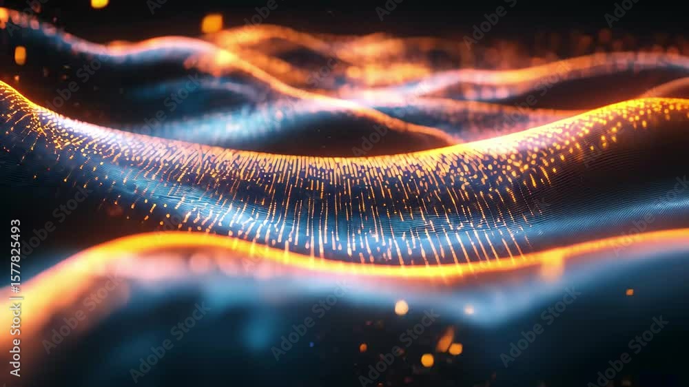 Poster Vibrant glow lines on abstract distorted surface creating a futuristic illusion of movement and energy, Glow lines on distorted surface Abstract futuristic background Seamless 3D render