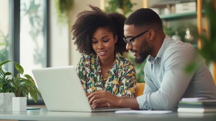 Collaborative tech project in progress as black female manager helps male colleague use laptop in office meeting room, teamwork on new business task for modern tech company development