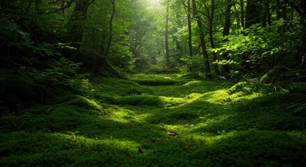 Fototapeta premium Sunlit forest path covered in thick green moss with dense trees in the background
