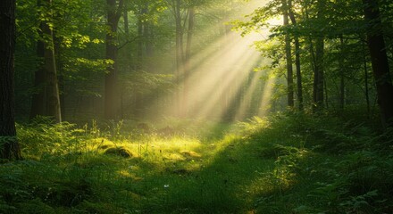 Sunbeams illuminate a lush forest path highlighting green foliage and tall trees