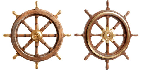 Pair of Wooden Ship Steering Wheels Isolated on White