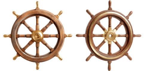 Pair of Wooden Ship Steering Wheels Isolated on White