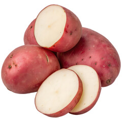 Fresh red potatoes with one cut in half and two slices isolated on transparent background
