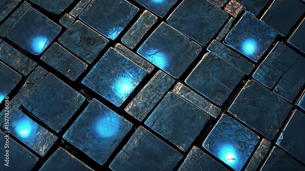 Poster blue glowing cubes on black tiles create a striking visual display in a digital environment, blue gl