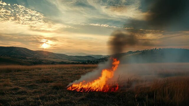 Wildfire consuming dry grass in a rural landscape at sunset, Wildfire of dry grass burning on country field