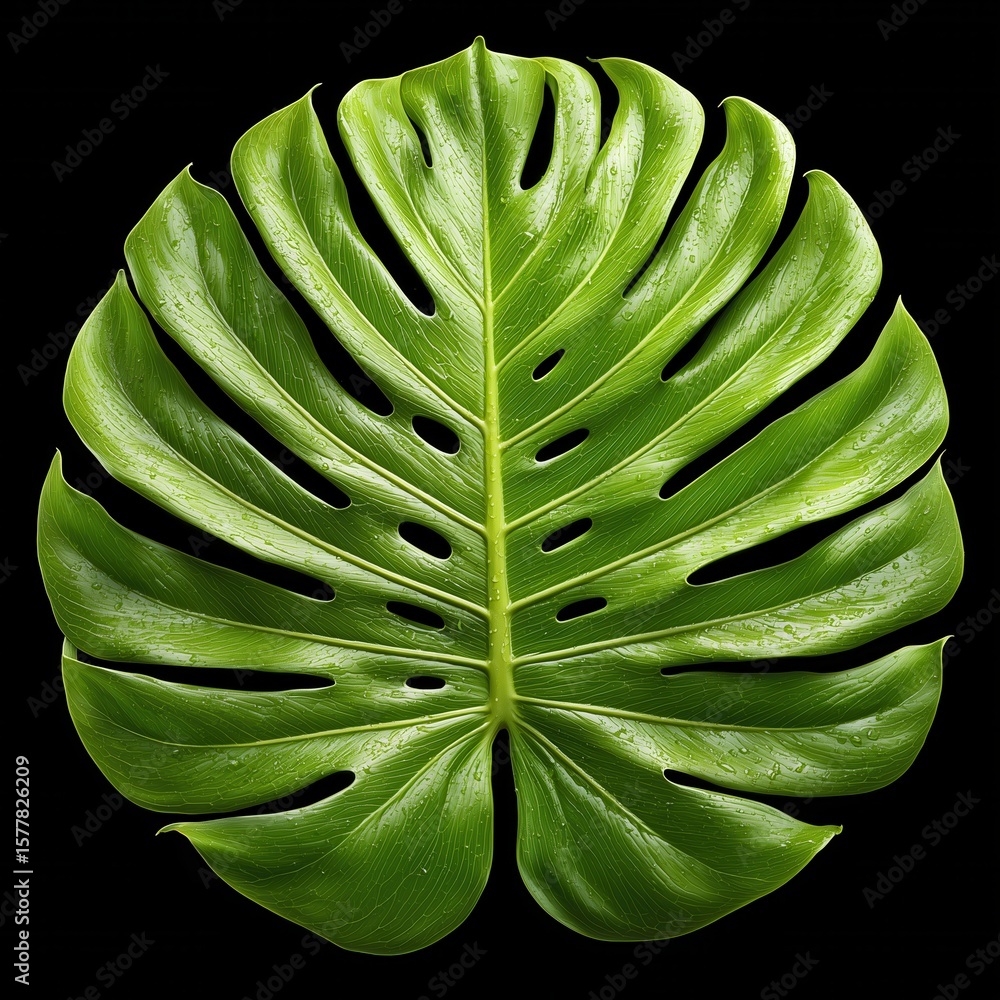 Poster large green monstera leaf with intricate patterns displayed against a plain black background