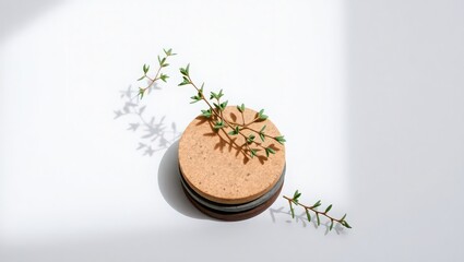Still life of stacked round objects decorated with sprigs of thyme on a white surface casting shadows