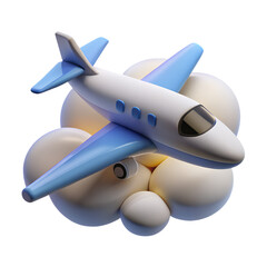 Naklejka premium A white and blue airplane flying through soft clouds, isolated on a transparent background