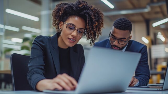 Black woman manager explaining laptop work to male teammate, both focused on project in company meeting room