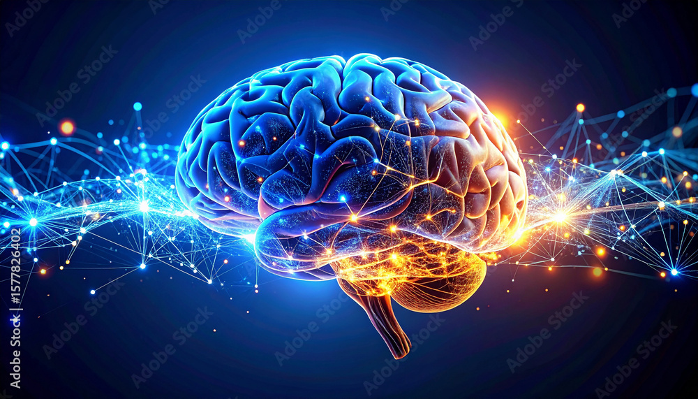Poster brain networks: an intricately detailed image of a brain, pulsating with energy as neural networks l