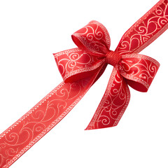 Elegant red ribbon bow with silver swirl pattern isolated on transparent background