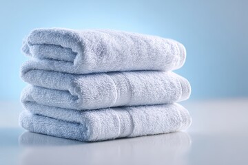 A stack of clean, white folded towels with a slight blue tint, studio shot, isolated on a bright white background. Bathroom essentials, freshness.