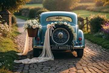Classic prestige car decorated for a just married celebration featuring vintage charm floral accents and romantic wedding ambiance