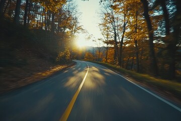 Fototapeta premium Explore the vibrant autumn colors on a scenic drive through Blue Ridge Park, Autumn POV driving time-lapse of the Blue Ridge Parkway through North Carolina at sunset