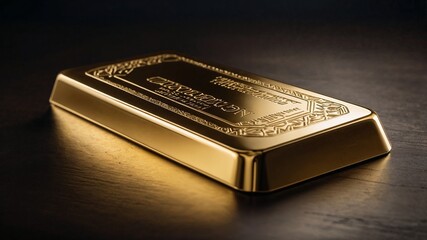 Gold bar placed in neutral surroundings featuring futuristic emblems and digital code elements representing modern finance and virtual technology