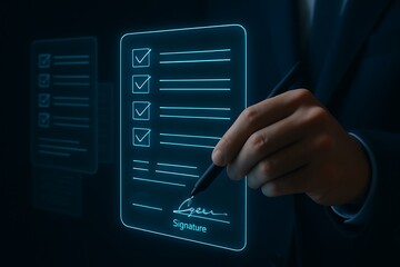 Person signing digital document with stylus signature