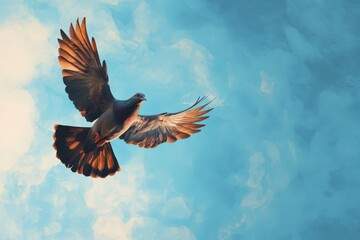 Dove soars gracefully in the clear blue sky with its wings outstretched during a sunny day, dove flies in the blue sky beautifully flapping its wings