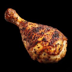 Crispy grilled chicken drumstick with spices and seasoning on a dark background