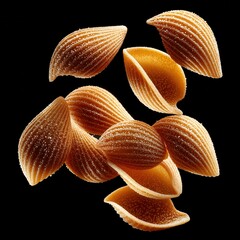 Creative arrangement of conch-shaped pasta on a black background during a culinary showcase