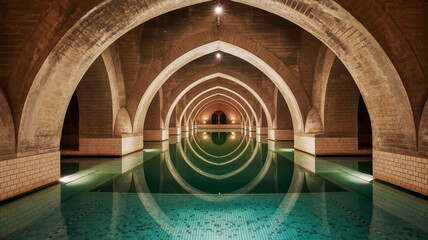 Grand arched cistern with reflecting pool and ambient lighting