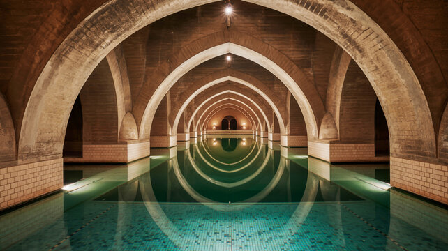 Grand arched cistern with reflecting pool and ambient lighting