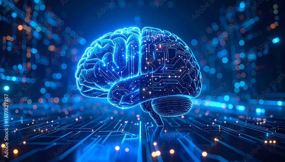Poster digital brain: a futuristic digital representation of a brain, illuminated by glowing circuits and n