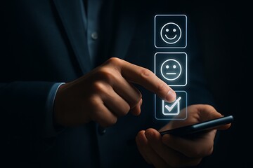 Person selects checkmark on digital survey hand finger