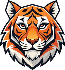 Obraz premium Bold fierce tiger head vector illustration with sharp eyes and orange black stripes for mascot logo design 