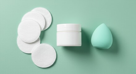 Skincare Routine Essentials Cotton Rounds, Face Cream, and Makeup Blender