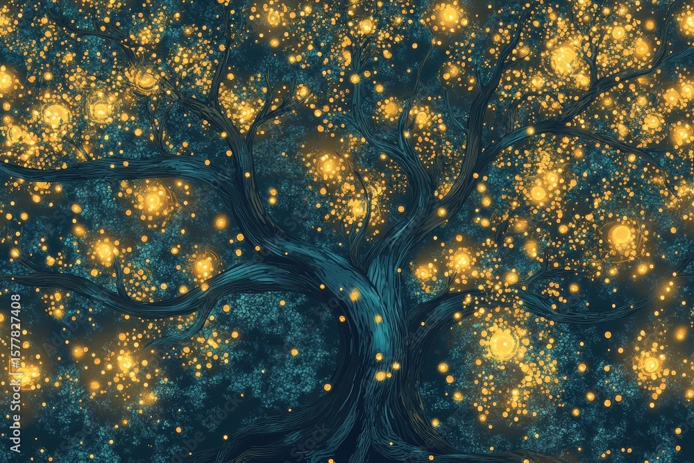 Poster fantasy tree background illuminated by glowing orbs in a mystical environment, seamless of fantasy t