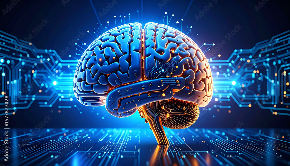 Poster digital brain: a 3d rendered human brain, glowing with internal light, is positioned against a backd