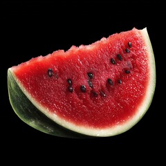 Fresh watermelon slice showing vibrant red flesh and black seeds against a dark background