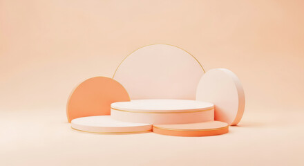 Fototapeta premium Pastel product display stage with geometric shapes and gold accents on peach background podium platform