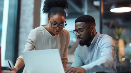 Office scene with black businesswoman teaching young man on laptop, working jointly on project at work, helping with company technology process