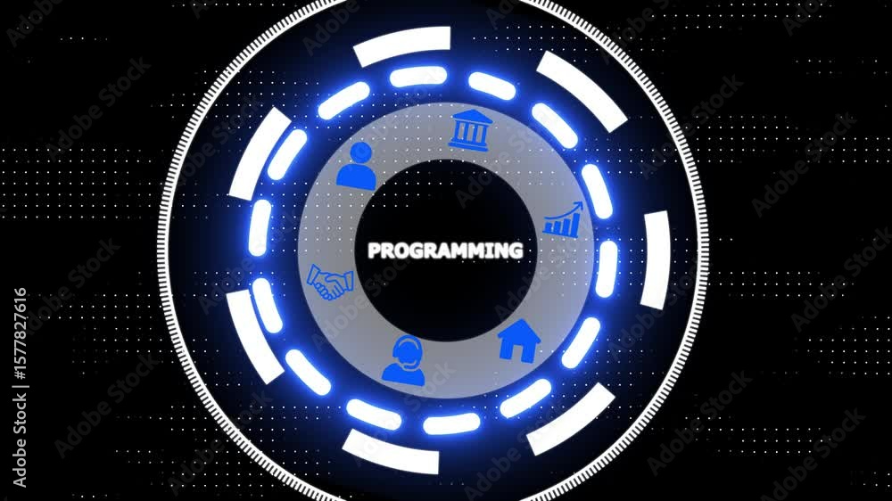 Wall mural animated programming concept with circular futuristic interface display on a black background