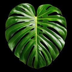 Heart-shaped monstera leaf with intricate cutouts on a black background showcasing its vibrant green color and natural beauty
