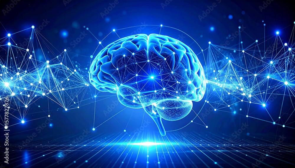 Poster brain's digital network: a striking image of the human brain intertwined with a futuristic network o