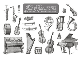 The Orchestra: set / collection of hand drawn musical instruments, violin, piano, cello, saxophone, guitar, harp, drums, concert grand, oboe, trumpet, trombone, and more,
isolated design elements
