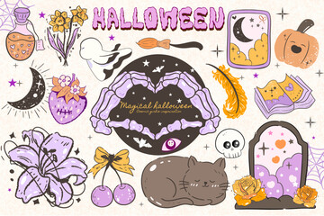 Halloween clipart, doodle Halloween, spooky party badge kit, funny pumpkin, eye. Cartoon, adorable ghost, Halloween and magic sketch icons. Pumpkin, ghost, skull, black cat, pot