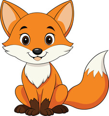 Cute cartoon fox vector illustration with happy smiling face big eyes fluffy tail and orange fur

