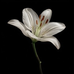 Beautiful white lily flower with delicate petals and orange stamens on a black background