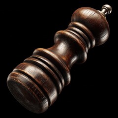 Wooden pepper mill showcasing intricate design against a black background