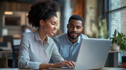 Black businesswoman guiding young male coworker to use laptop, seated in office meeting room, working on a technology company project, teamwork and mentoring at workplace