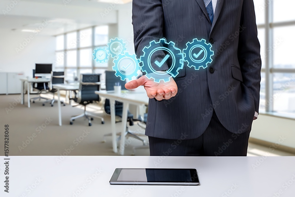 Poster businessman presenting a holographic interface of interconnected gears with checkmarks symbolizing s