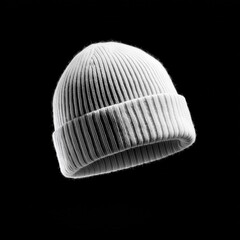 White knitted beanie floating against a dark background showcasing its texture and design during a creative photography session